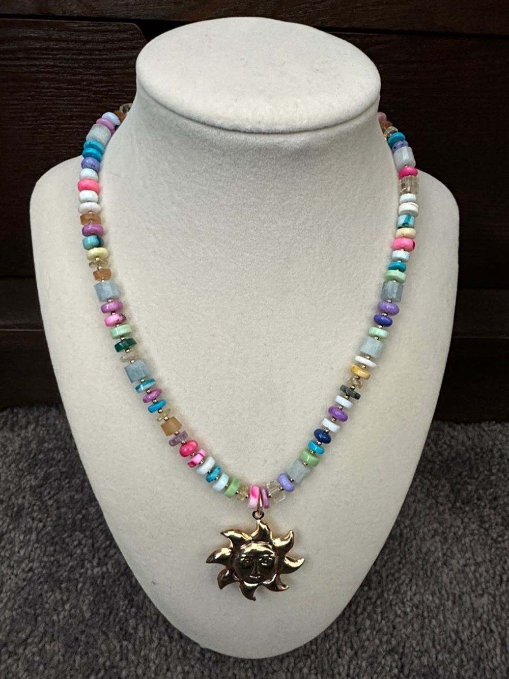 Gemstone Beaded Necklace with Gold Sun Pendant - Women Jewelry